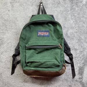 Vintage Jansport Backpack Leather Bottom Hunter Green 90s USA Canvas Bag Grunge